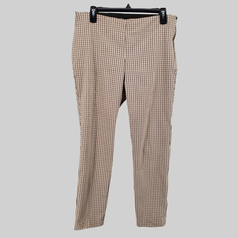 A New Day Plaid Ankle Pants Women 12 Brown Check Side Zip Slim Tapered Stretch